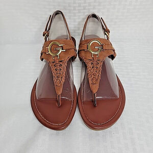 GUESS Women’s Size 8.5 Brown Gold G Logo Sandals Slingback Thong Style